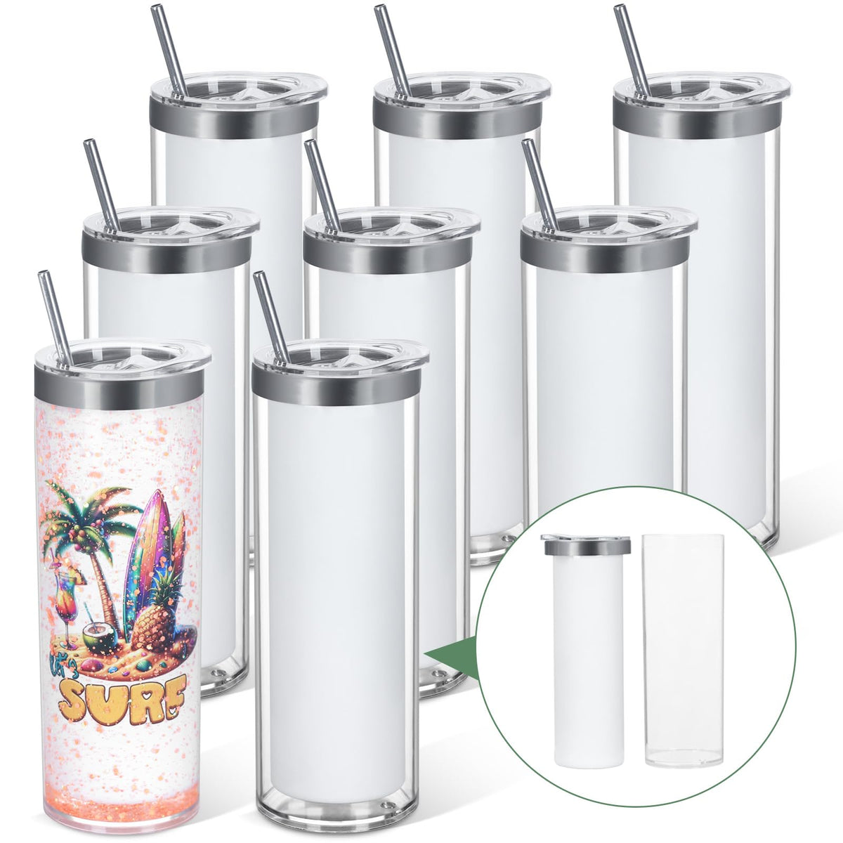 20 Oz 8 Pack Double Wall Pre Drilled Sublimation Storyboard Snow Globe Tumbler, Inner Stainless Steel Outer Plastic Insulated Storyboard Cups, DIY Interlayer for Glitter Storyboard Tumbler Gifts