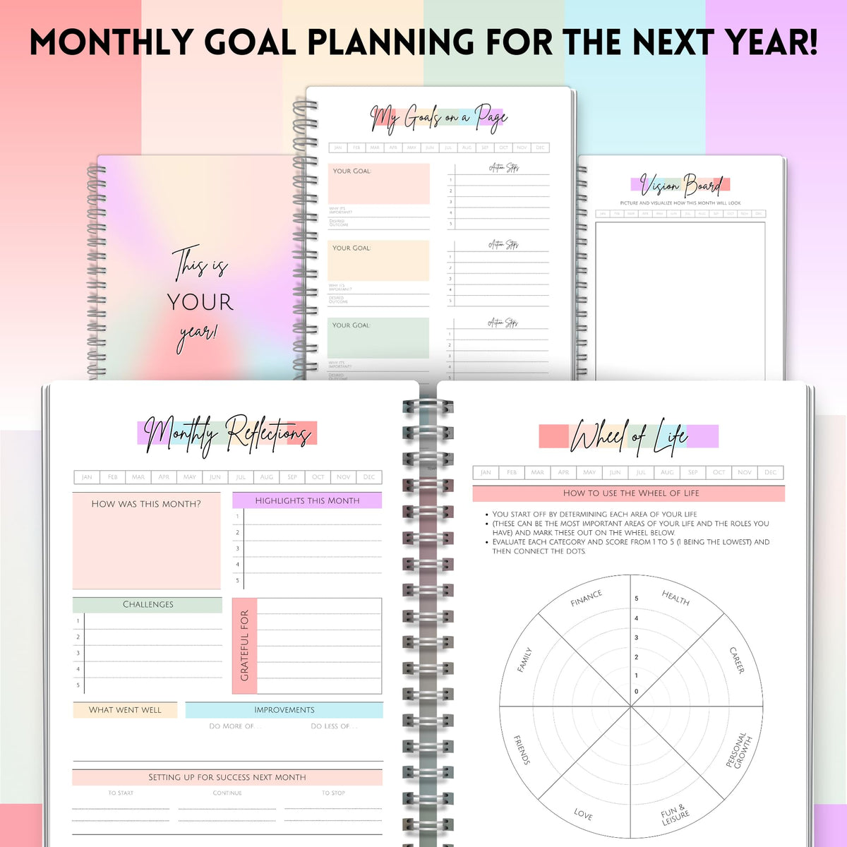Goal Planner | SMART Goal Setting Kit for the New You, Monthly Habits, Reflections & Vision Boards | Pastel Rainbow A5