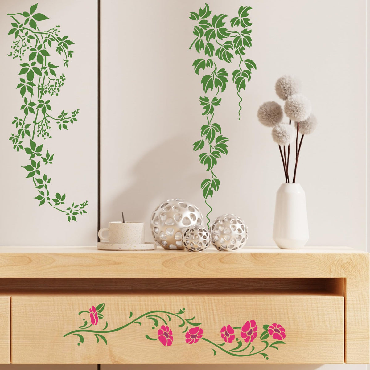 Keluna Leaf Vine Stencils for Painting - 16 Pcs Leaves Wall Stencils for Crafts Reusable, Flower Painting Stencils, Floral Spring Template for Painting on Wood Canva Home Decor