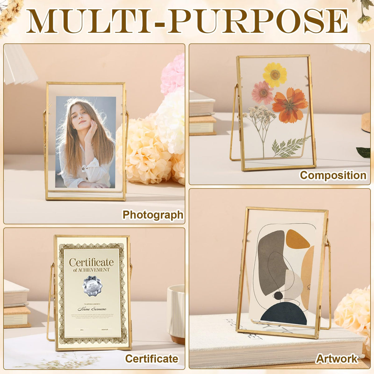Vicenpal 3 Pack Glass Pressed Flower Frame Handmade, 4 x 6 floating Picture Frames for Pressed Flowers, Brass Double Glass for Tabletop Display, Home Office Plant Specimen, Photos(Gold)