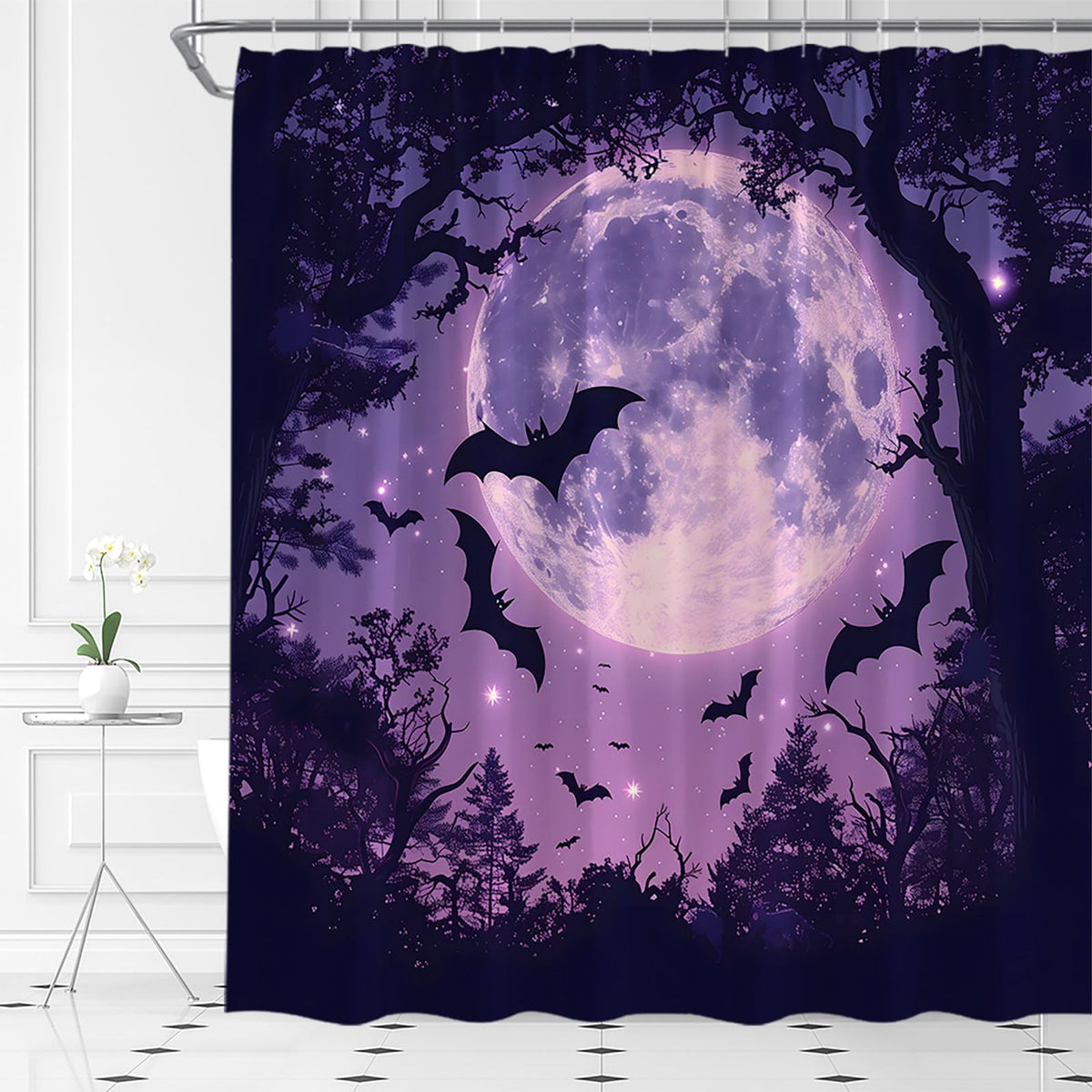 AMFD Spooky Halloween Shower Curtain Scary Bats Purple Black, 70" WX70 H