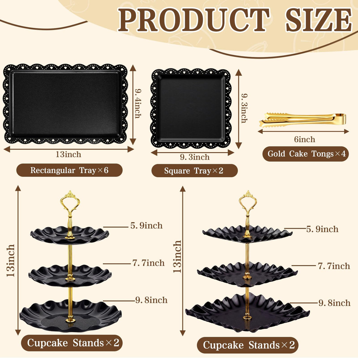Remerry 16 Pcs Dessert Table Display Set 3 Tier Cupcake Stands Tower Holder Plastic Cookie Serving Trays Gold Serving Tongs for Tea Party Wedding Baby Shower Birthday Table Display(Black)