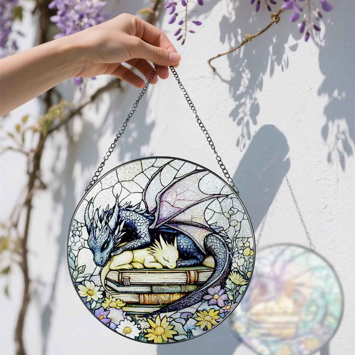 Stained Glass Window Hanging, 8 Inch Dragon Stained Glass Suncatcher, Dragon Decor, Home Decor for Windows, Book Lover Gift, Gifts for Book Lovers, Gifts for Bookworm on Birthday Christmas