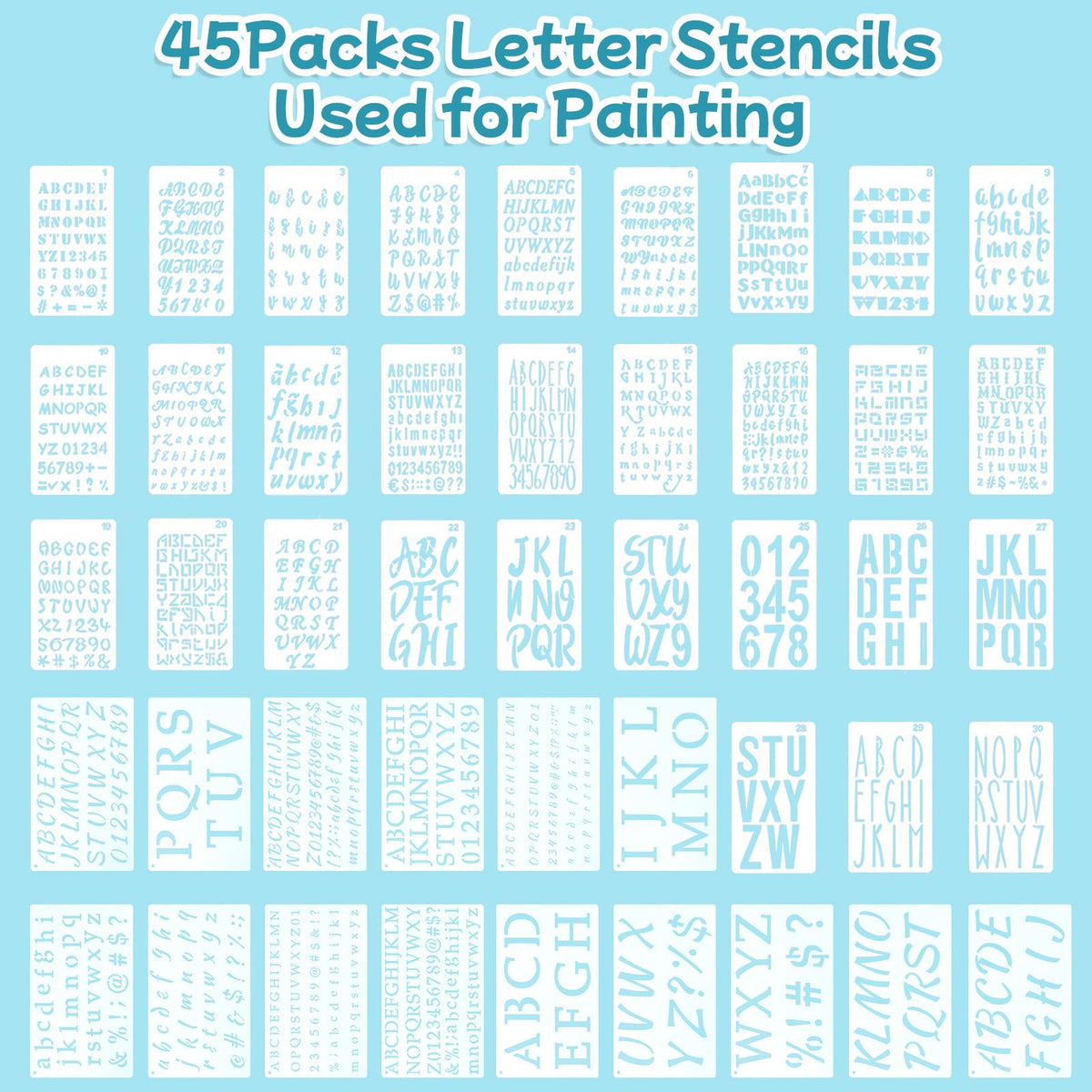 1/3, 1/2, 3/4, 1, 2 Inch Letter Stencils for Painting, 45 Pcs Reusable Plastic Alphabet and Number Symbols Stencils for ournal Notebook, Diary, Scrapbook Decor Supplies Crafts Art Projects