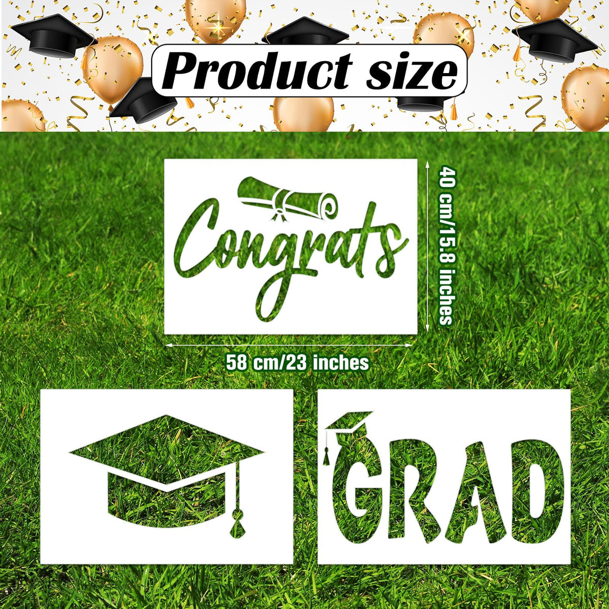 Kolldenn 3 Pcs Graduation Yard Stencils Happy Graduation Stencil Template Graduation Hat and Diploma Reusable Painting Wall Stencils for Craft DIY