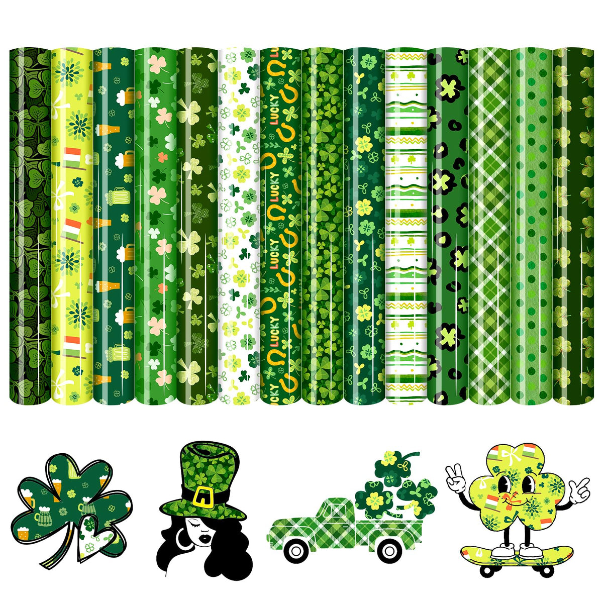 HTVSTD Classic Four Leaf Clover Heat Transfer Vinyl - 14 Sheets 12'' x 10'' Lucky Clover HTV for DIY Crafts, St. Patrick's Day, Irish Pride