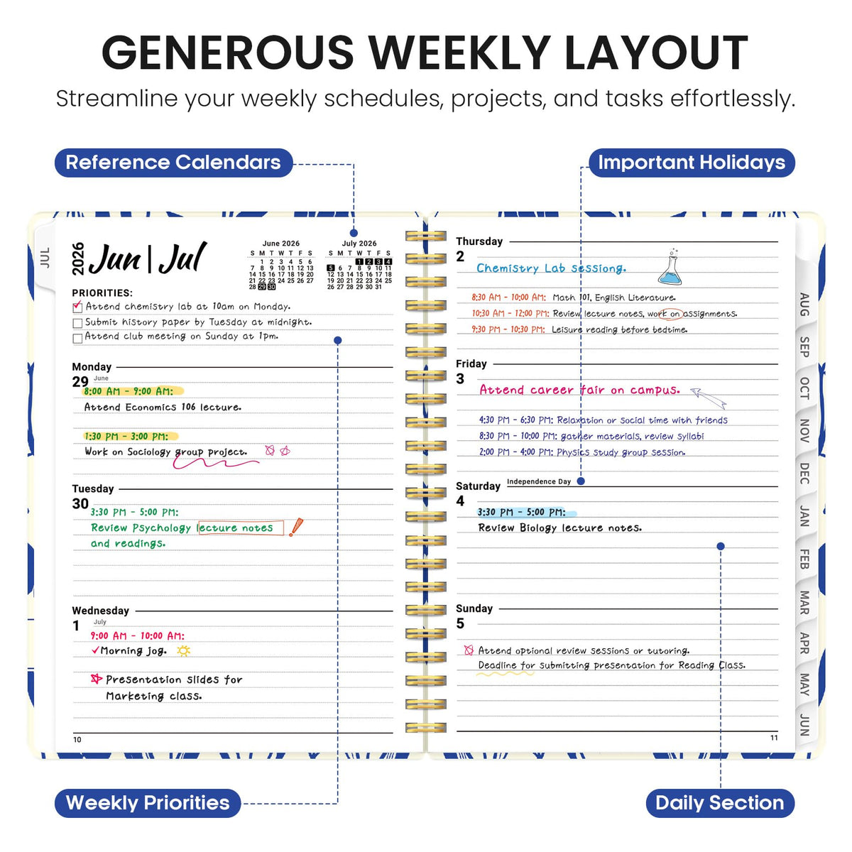 Planner 2026-2027, Academic Year Weekly and Monthly Calender Planner, from Jul 2026 - Jun 2027, Spiral Bound School Planning Book, Perfect for Teacher, Student, Women & Men, A5 (6.3" x 8.5"), Indigo Tulips