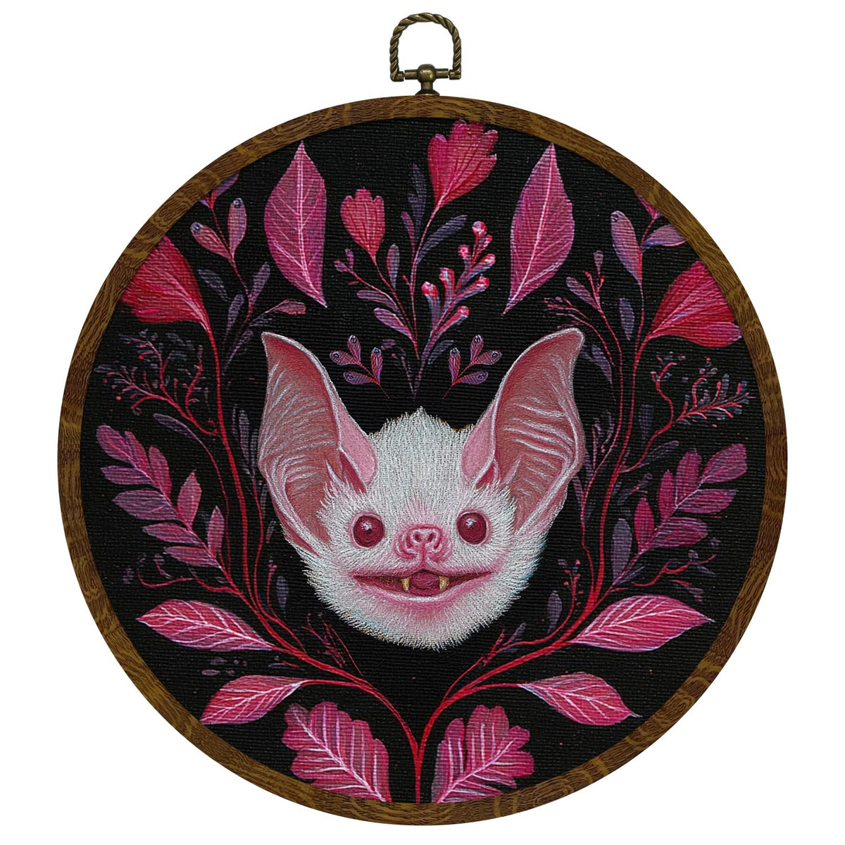 KLYTINK Pink Bat Round Wall Art Decor,10x10 Inch Gothic Whimsical Canvas Print with Round Frame, Cute Bat Artwork Wall Hanging Decor for Bedroom, Living Room, or Halloween Home(Pink Bat)