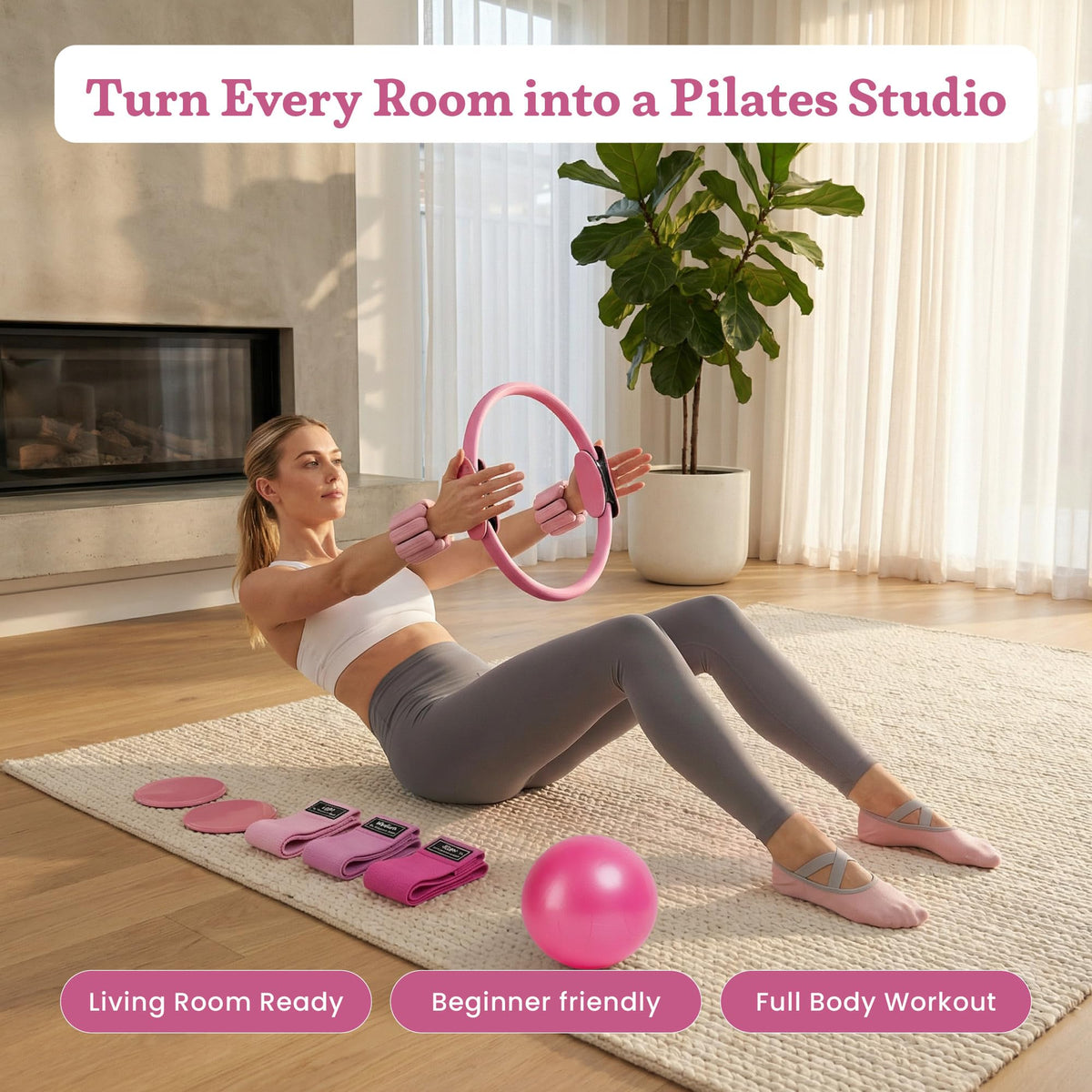 Prospervere Premium Pro Pilates Kit – 15 inch Pilates Ring and Ball Set w/ 1lb Ankle Weights, Fabric Resistance Bands, Sliders, Yoga Socks & Gym Bag – Blush Energy (Pink)