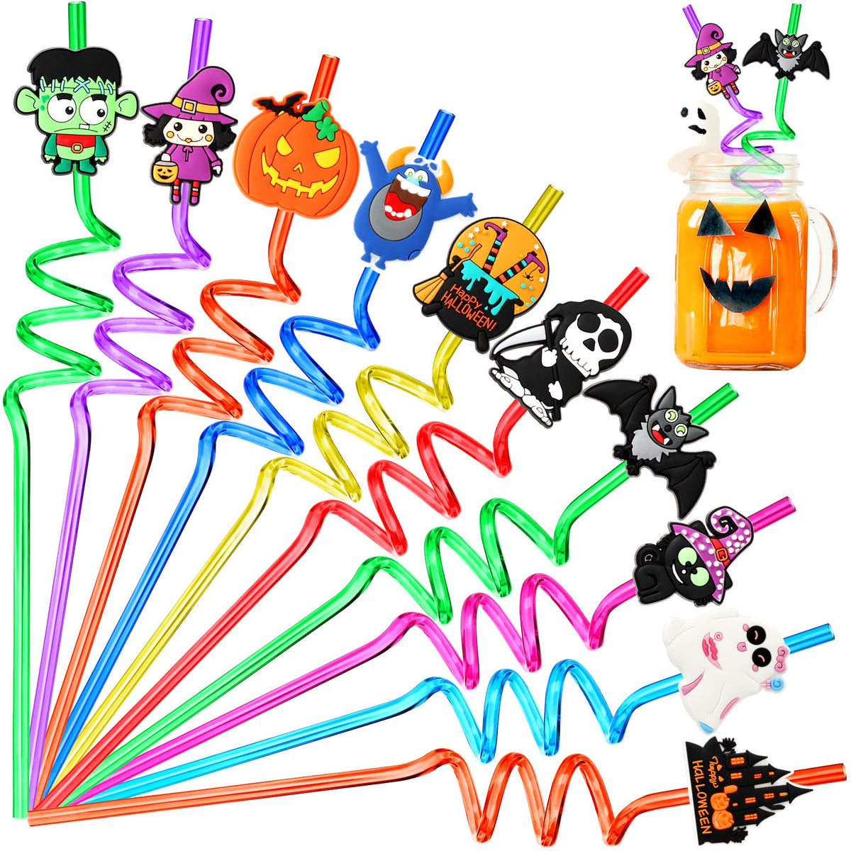 JANYUN Halloween Straws, 20 Pcs Reusable Plastic Crazy Straws Halloween Party Favors Cute Bats Pumpkin Cat Ghost Drinking Straws Halloween Party Supplies（10 Styles）