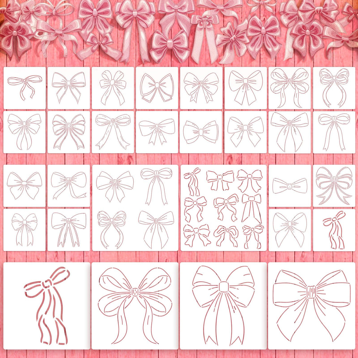 30 Pcs Pink Bow Stencils Templates for Painting Reusable Bow Painting Stencils on Wood, Doormat,Floor, Wall DIY Farmhouse Home Decor 3.94"/7.87"