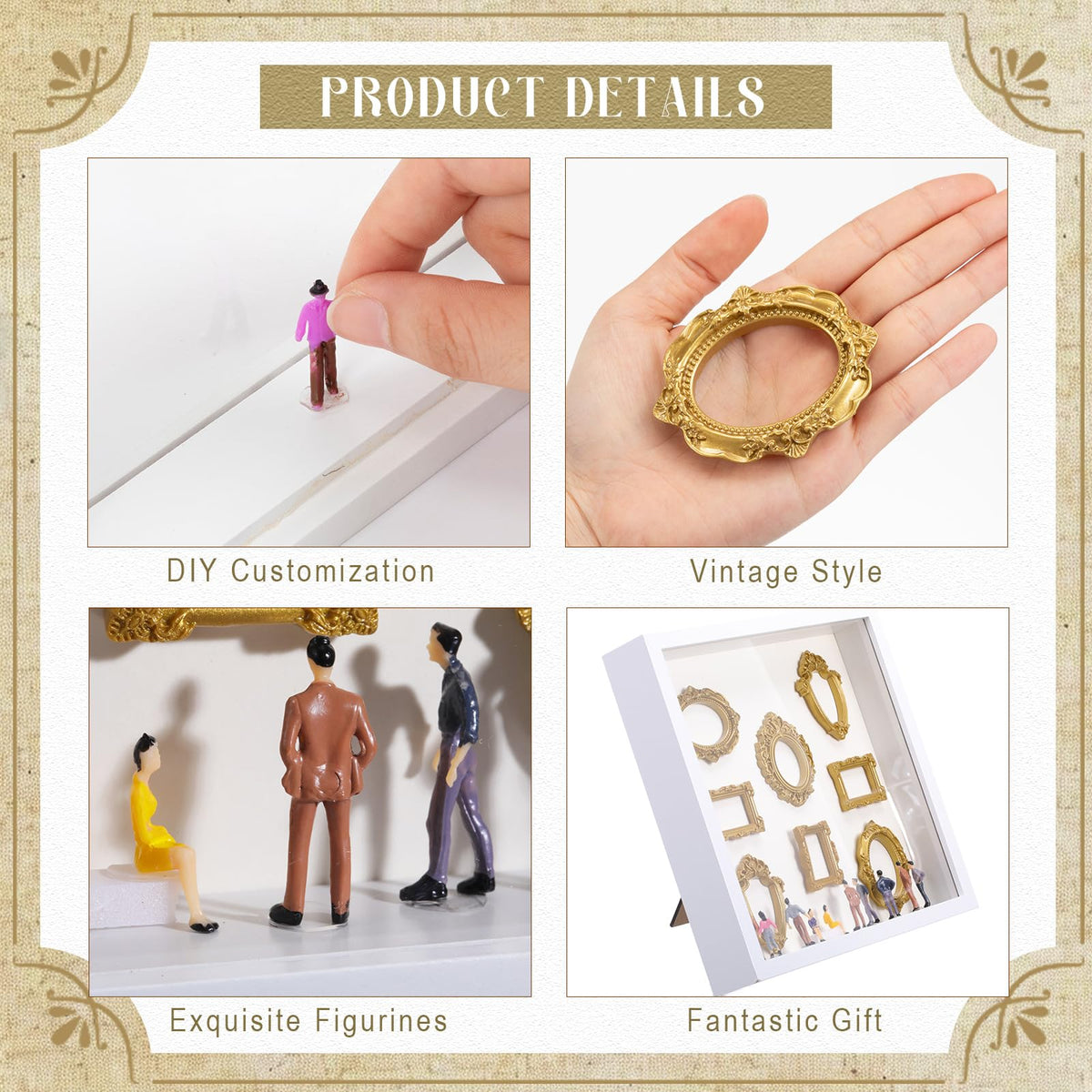 Lineshading DIY Mini Silhouette Shadow Box Museum Frame Kit with 8 Gold Mini Frames and 9 Figurines, Personalized Memory Collage for Anniversary Wedding Birthday Home Decor(White)