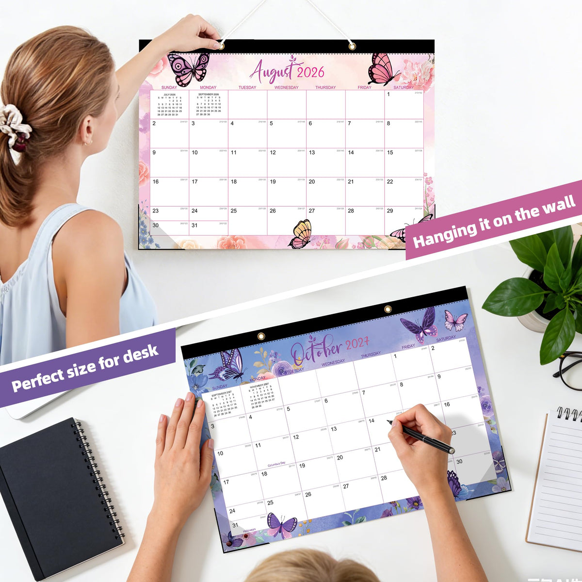 ZTX Desk Calendar 2026-2027,18 Month Academic Desk Calendars,17"x12" Jul.2026-Dec.2027 Calendar with Clear Plastic Cover for Teacher School Year Home Butterfly