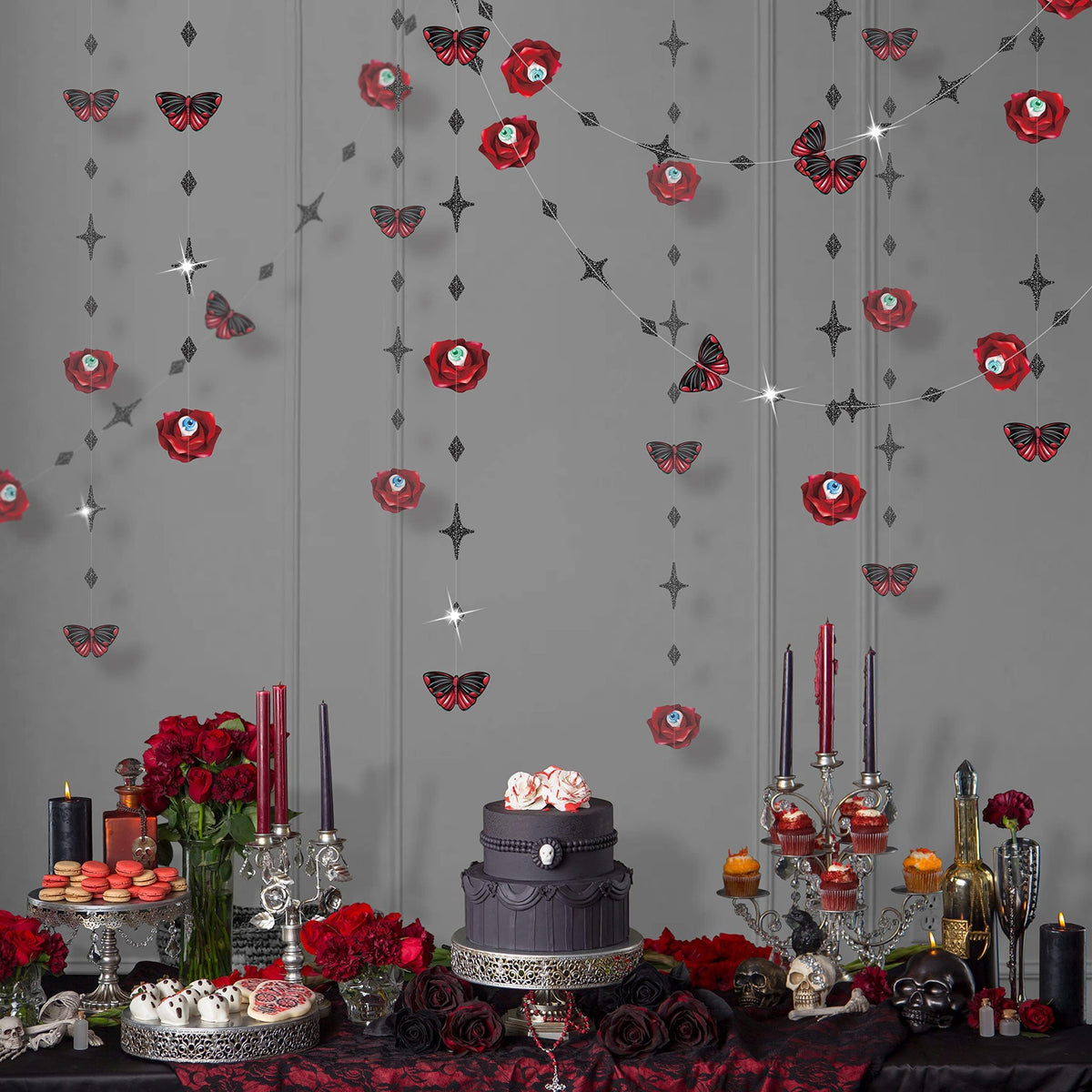 Cheerland Bundle Halloween Centerpieces 3D Rose Skull Candle Cutouts & Garland Red Rose Butterfly Eyeballs 4pcs & Cupcake Toppers Plastic Rose Skull Muffin Decors