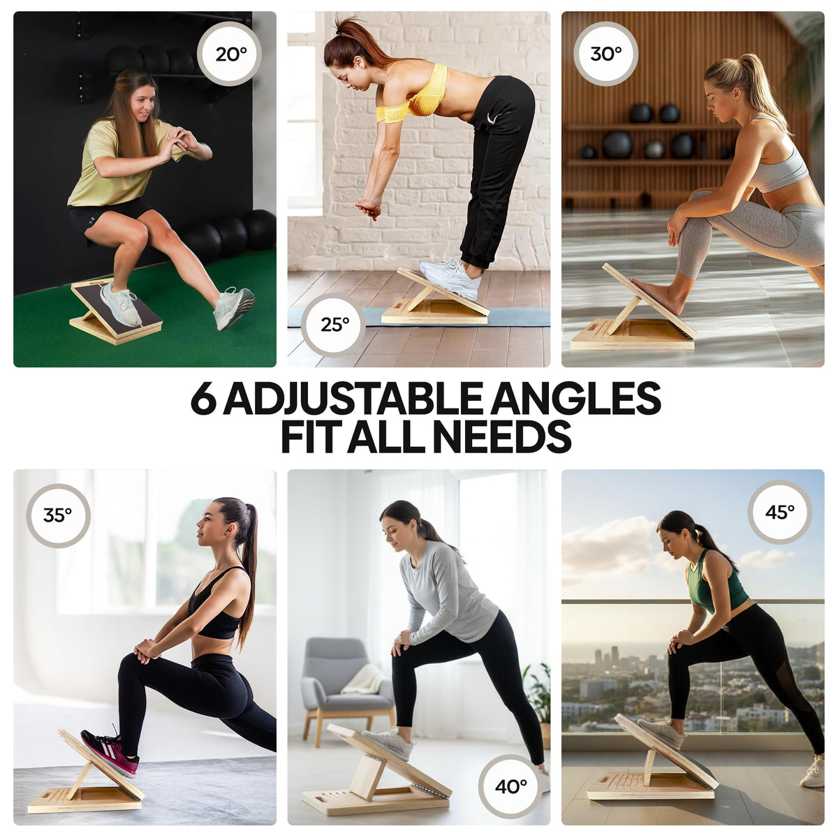 Zaloom Wooden Slant Board for Calf Stretching - 6 Adjustable Angles, 400 Lbs Capacity Calf Stretcher Slant Board for Squats, Knees, Ankle, Leg, Heel & feet, Squat Wedge & Physical Therapy Equipment