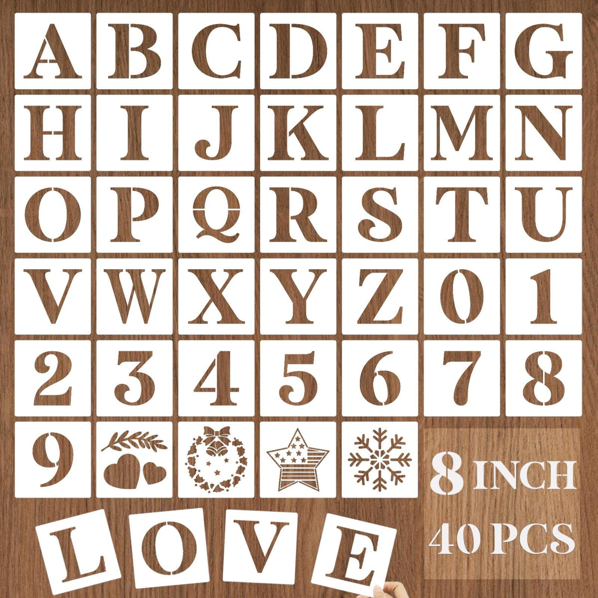 YEAJON 8 Inch Letter Stencils and Numbers, 40 Pcs Alphabet Drawing Templates, Reusable Plastic Art Craft Stencils for Painting on Wood, Wall, Fabric, Rock, Signage, Door Porch
