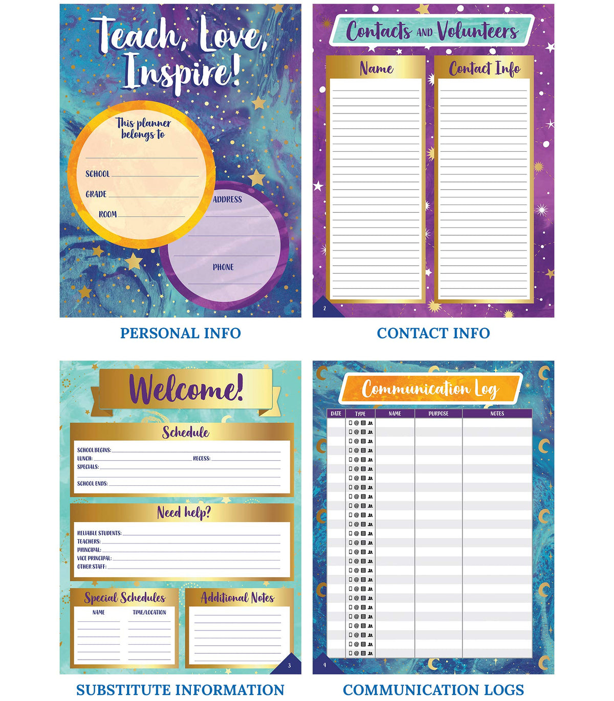 Carson Dellosa Galaxy Teacher Planner, 8" x 11" Space Theme Spiral Bound Lesson Plan Book With Stickers, Checklist, Notes, School Supplies for Classroom Organization