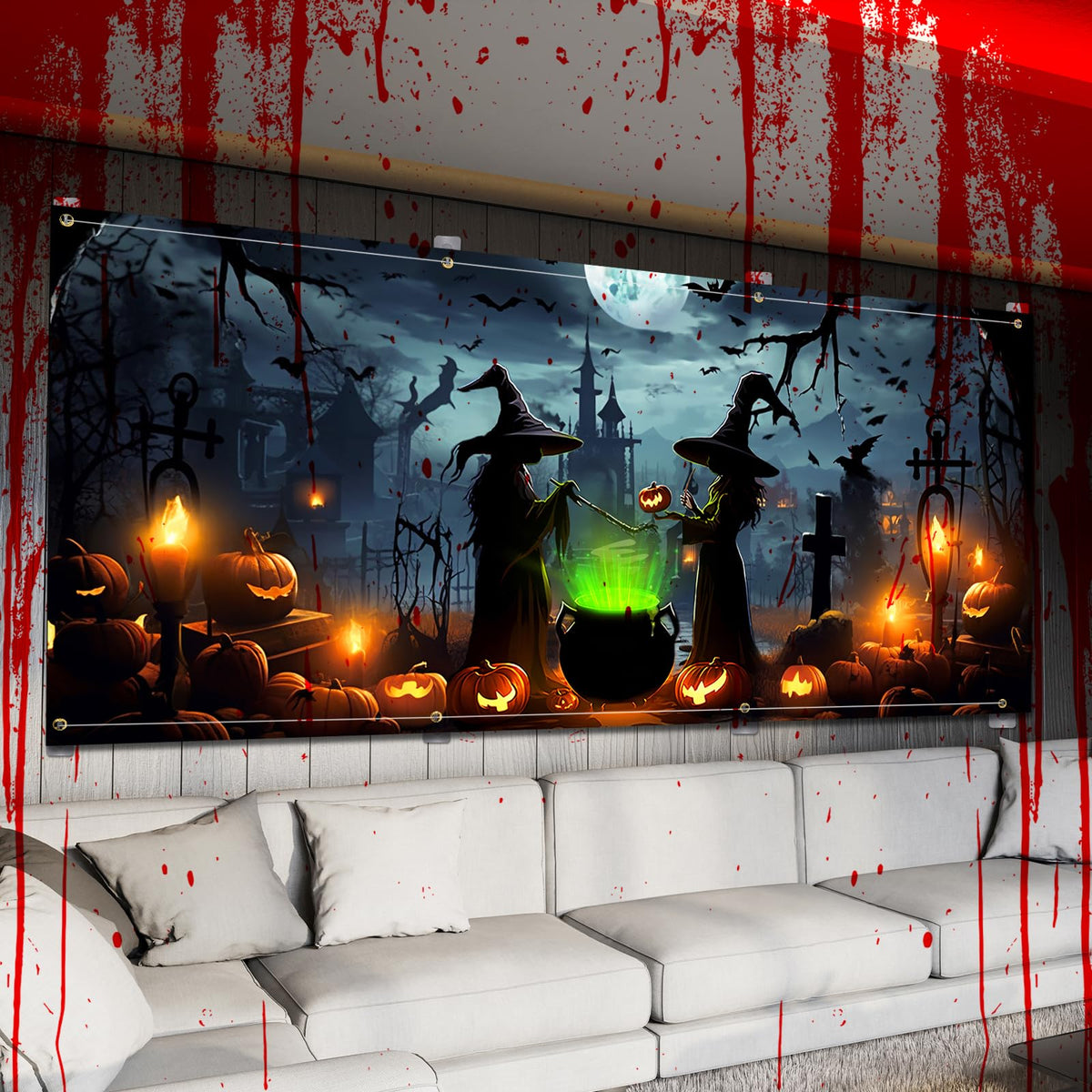 Lighted Witch Halloween Garage Door Decorations Banner - 7 x 16 ft Halloween Garage Door Cover with LED Light Strap, Large Hanging Backdrop for Home Outdoor Spooky Party Yard Decor