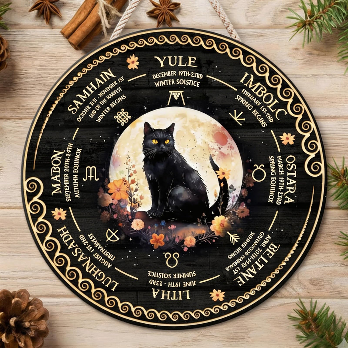 RIVEENY Wheel Of The Year Wall Hanging, Wooden Sabbats Pagan Witch Calendar, 12in Wicca Altar Decor for Yule, Celestial Signs, Christmas & Halloween