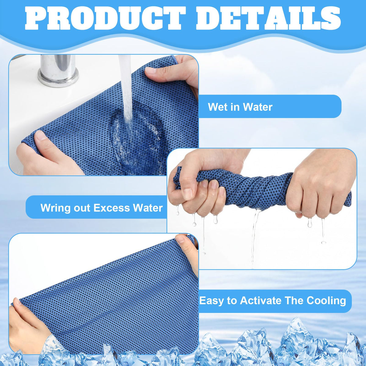 Honoson 60 Pcs Cooling Towel Bulk - 28" x 16" Neck & Face Cool Chilly Towels Microfiber Breathable Sport Sweat Rag for Gym, Yoga, Travel, Camping, Running, Outdoor(Gray Blue White)