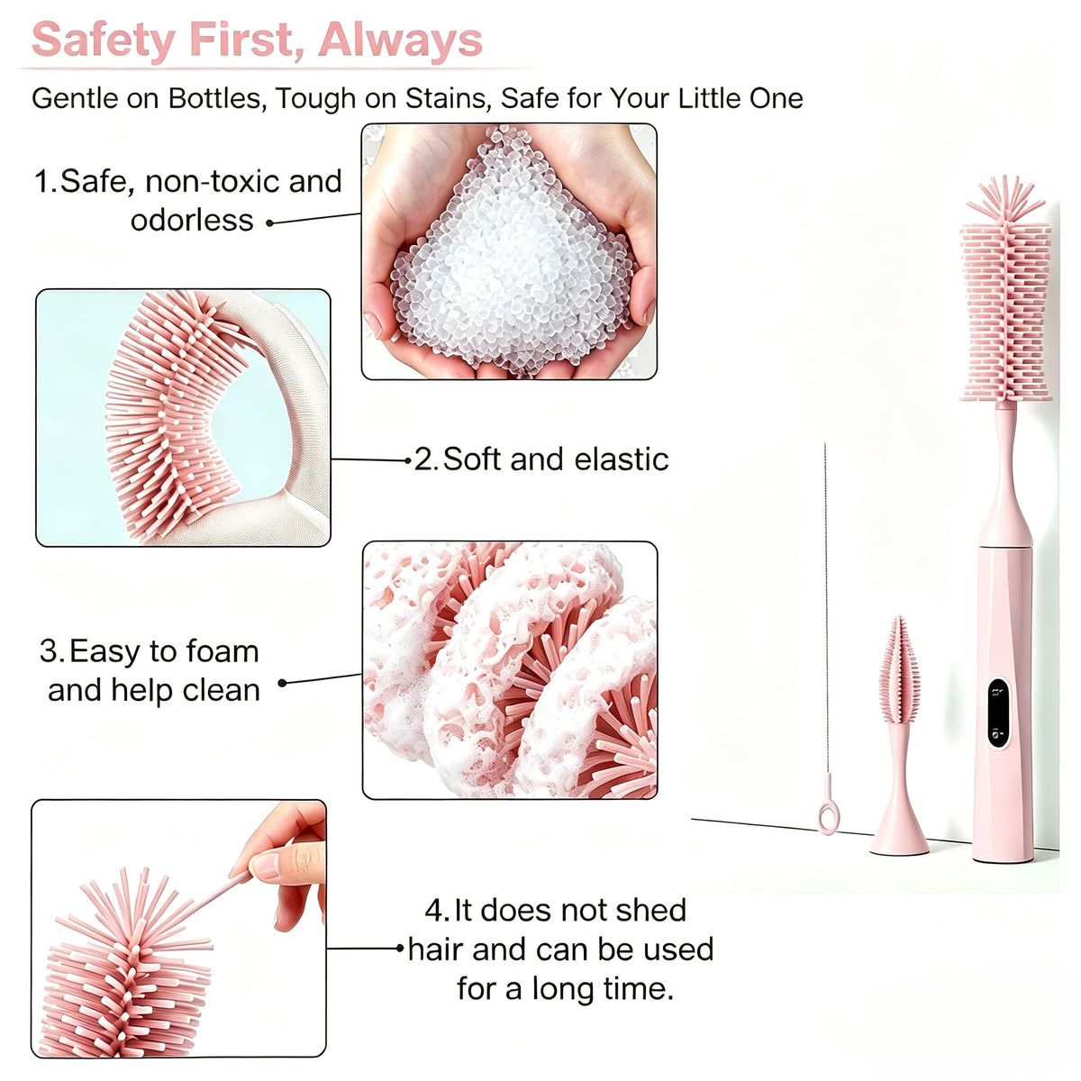 Rechargeable Electric Bottle Brush with 2 Speeds Powerful Automatic Bottle Cleaner,BPA-Free Silicone Spinning Design, Wall Mount & Straw Cleaner,Suitable for Baby Bottles & Kitchen (Pink+Pink)