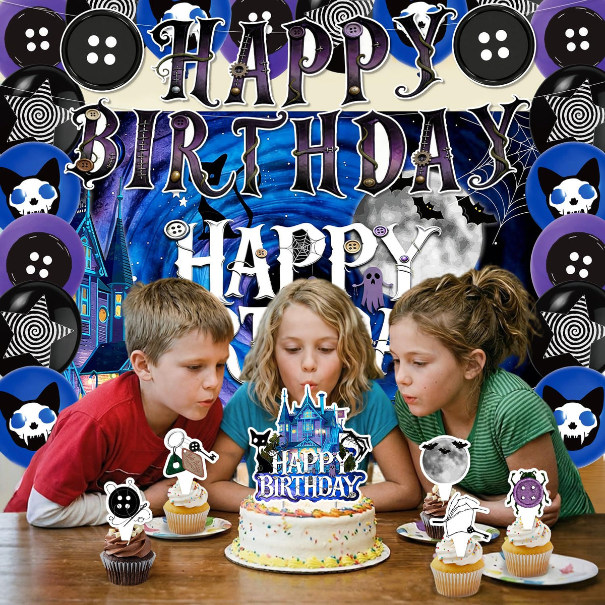 42Pcs Button Party Halloween Night Birthday Party Decorations Includes Cake Toppers,Cupcake Toppers, Banner, Backdrop, Balloons Halloween Party Supplies