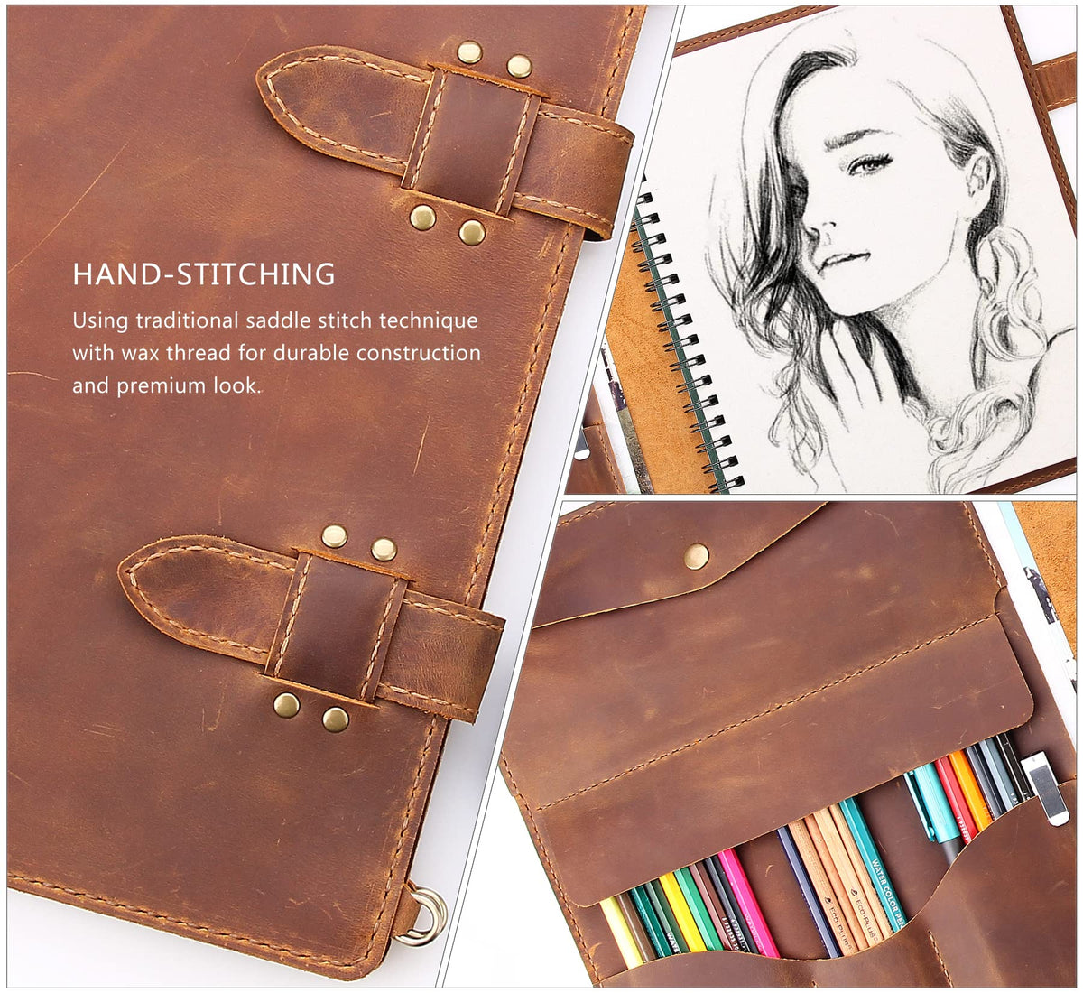 Robrasim Handmade Leather Sketchbook Cover, Artist Sketch Pad Holder for 9"X12" Sketchbook, Drawing Book and Pencil Case, Journal Notebook Portfolio with Shoulder Strap, Artist Gifts, Brown