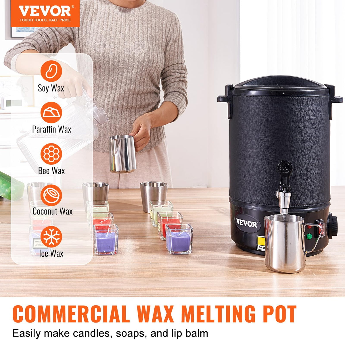 VEVOR 10Lbs Wax Melter for Candle Making, Large Electric Wax Melting Pot Easy Pour Spout, 9-Level Temperature Control, Easy Clean for Candle Soap Cream Beauty Bulk Production Business