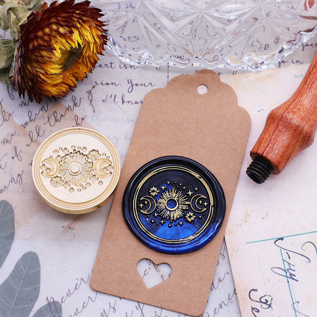 SWANGSA Sun and Moon Wax Seal Stamp Kit with 200pcs Sealing Wax Beads, Great for Embellishment of Invitations, Christmas, Wine Packages, Gift Idea