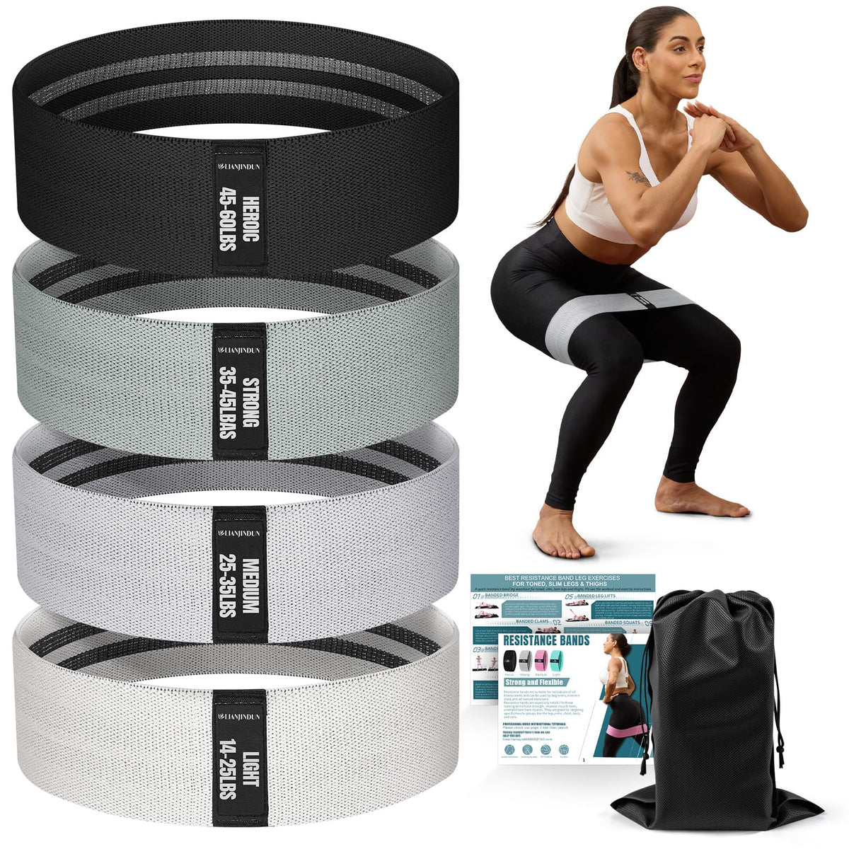 Resistance Bands for Working Out with Guide, 4 Workout Bands for Women & Men, Fabric Exercise Bands for Legs, Hip, Glute, Butt, Booty Bands Set for Yoga, Pilates, Strength (Gradient Gray)
