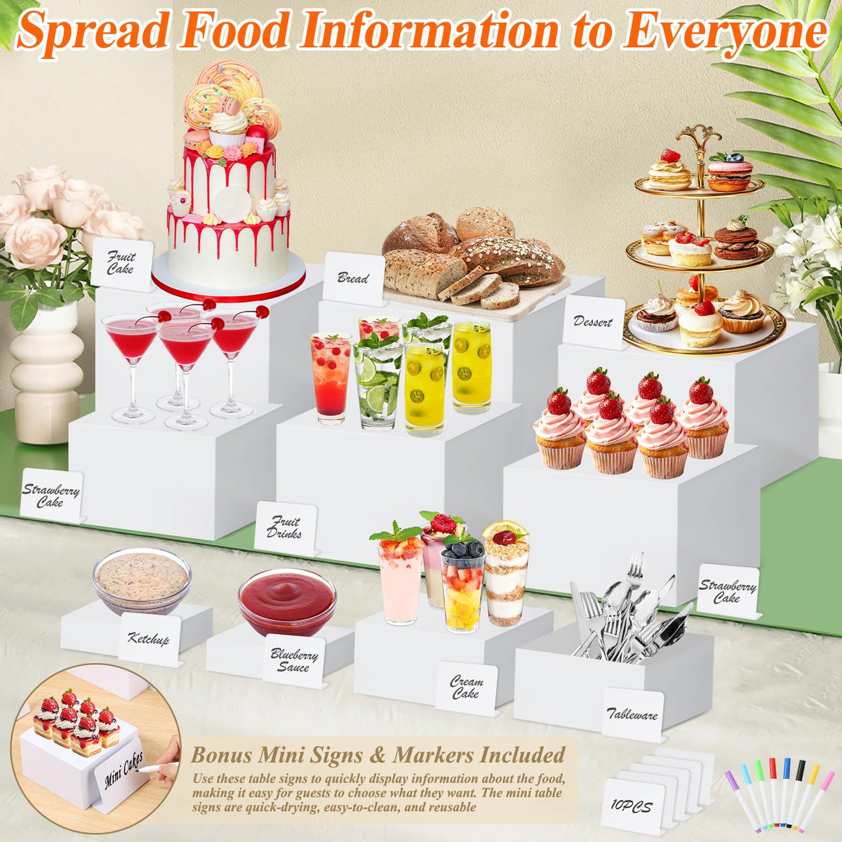 10 Pcs White Acrylic Buffet Risers with Mini Sign and Marker, Food Display Stands for Buffet Table Party Catering Dessert Jewelry Collectibles, Acrylic Cube Nesting Boxes with Hollow Bottoms 8 Sizes (10" 9" 8" 7" 6" 5" 4" 4" 3" 3")