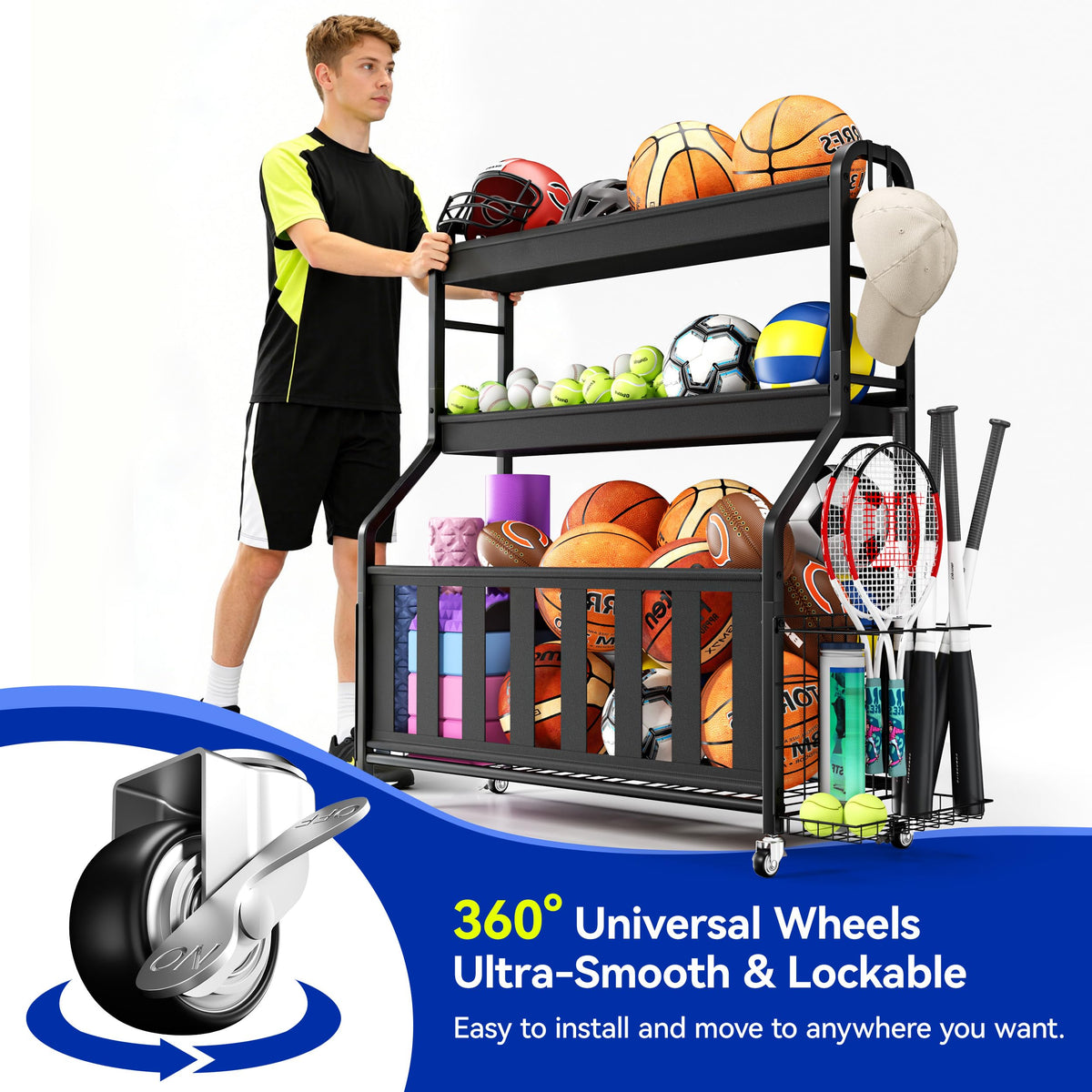 Keepmisc Sports Equipment Organizer, Rolling Ball Storage Cart with Locking Wheels, Hooks & Bat Rack