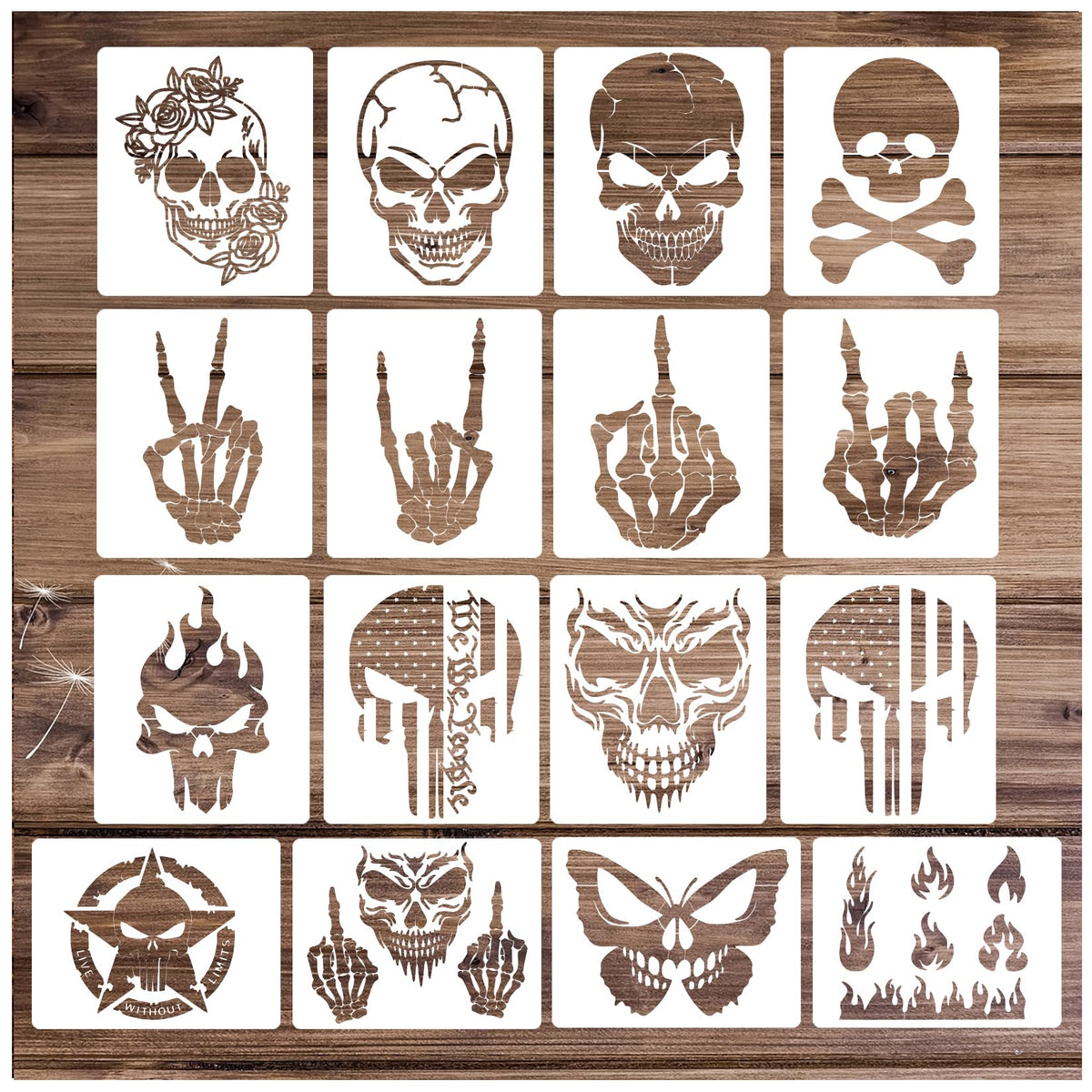 Yanroom Skull Stencils for Painting On Wood Flame Skeleton Hand Finger Fire Templates for Airbrushing Art Crafts Plastic Reusable Wood Burning Stencils for Wall Canvas (Skull)