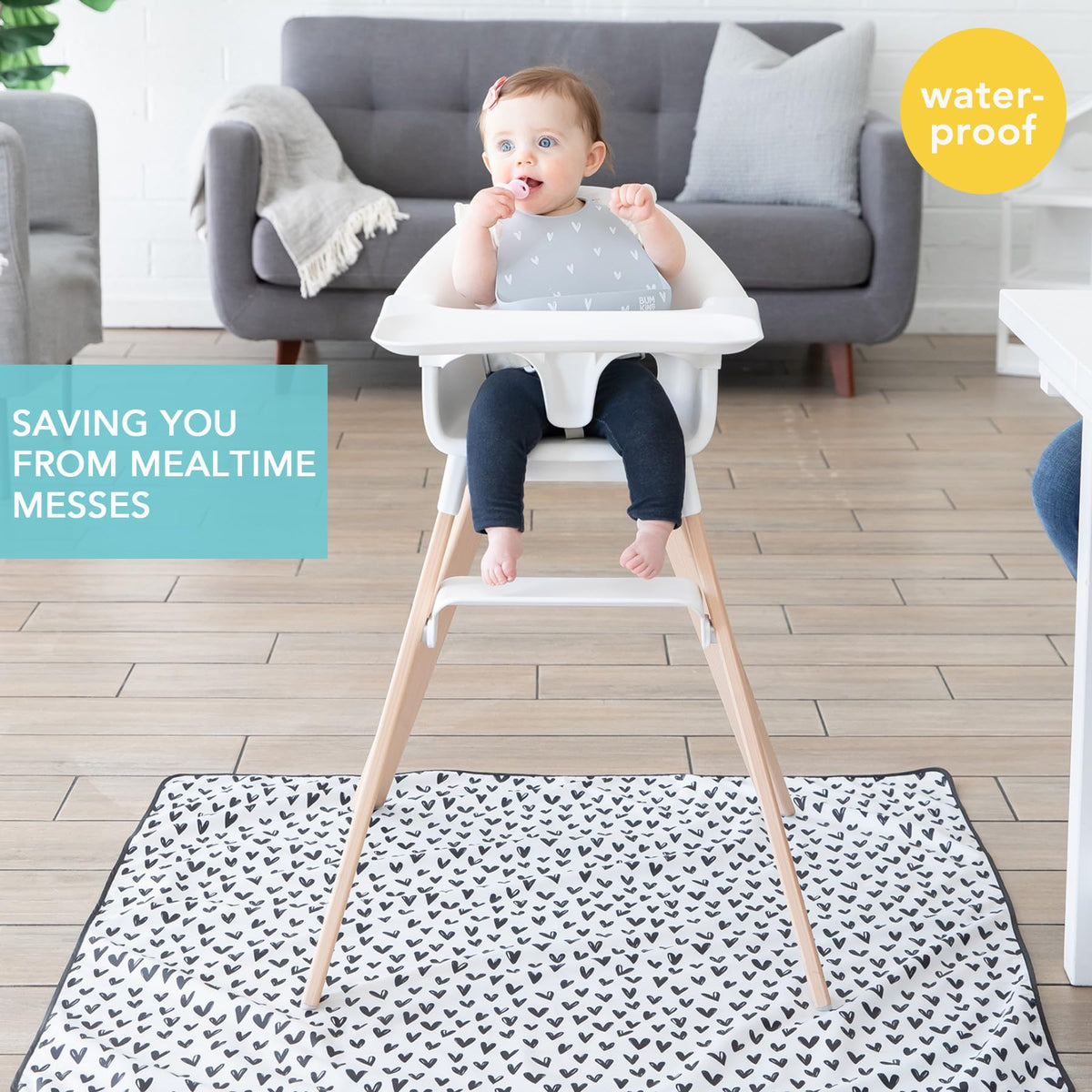 Bumkins Baby Splat Mat for Under High Chair, Babies Toddlers Eating Mess Mat, Waterproof Reusable Cloth for Arts and Crafts, Playtime Mat for Kids, Floors or Tables, Fabric 42inx42in, Black Hearts