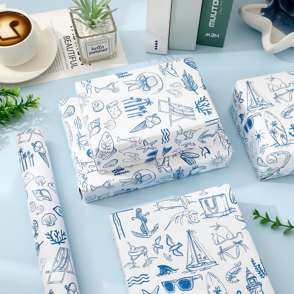 FYSUIMU Summer Wrapping Paper -Mini Roll- 17 Inch x 32.8 Ft Blue White Beach Fish Gift Wrap Paper Tropical Art Papers for Luau Pool Party Baby Shower Birthday DIY Crafts