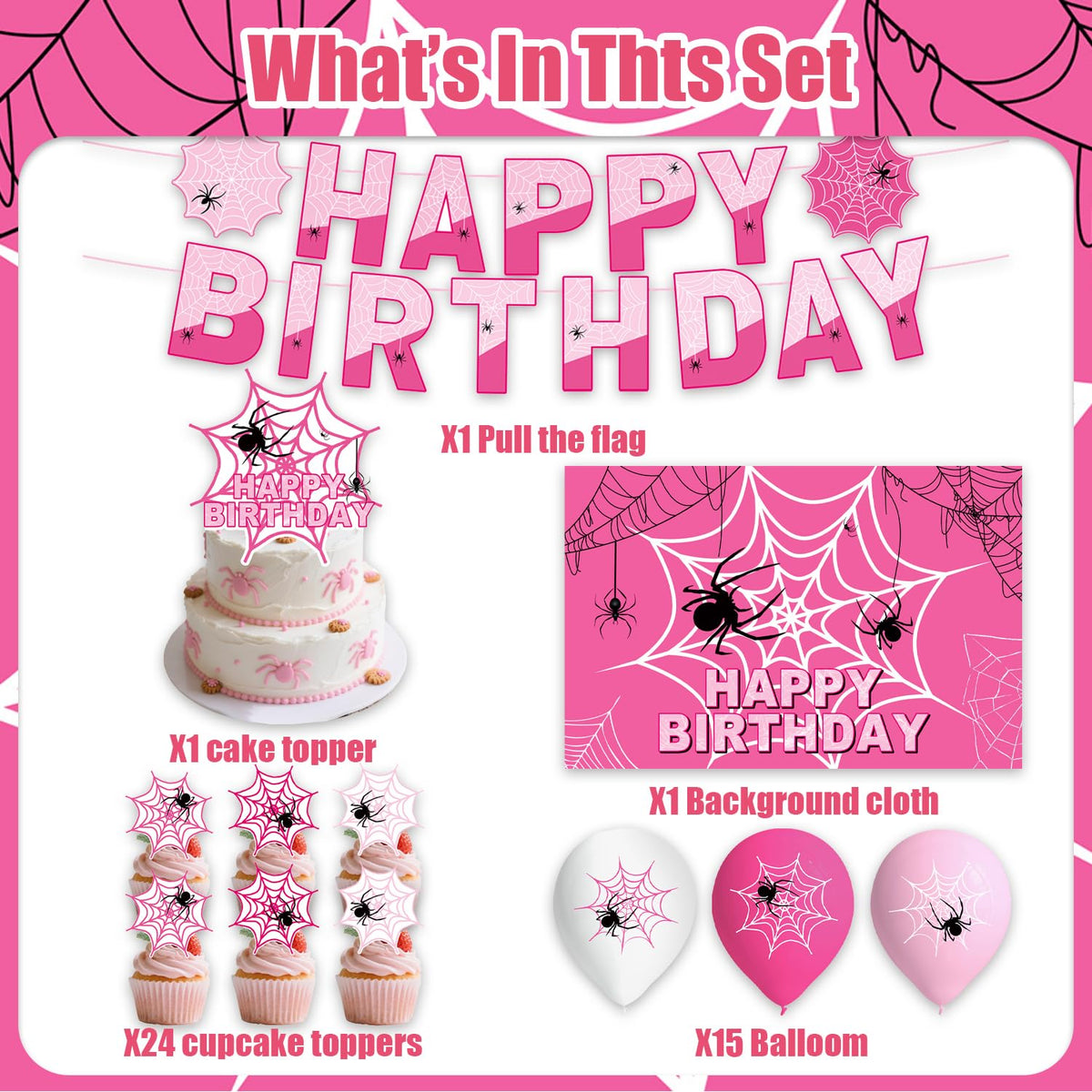 42Pack Spider Theme Party decoration pack include Banner,Cake Toppers,Balloons，Blackdrop for Spider Theme Birthdday Party Decoration