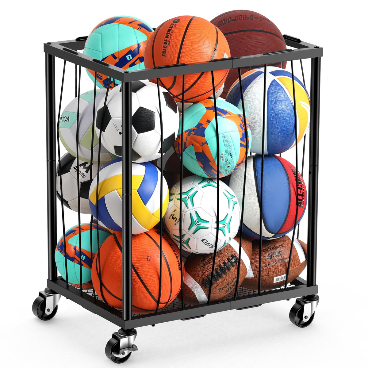 TomCare Garage Ball Rolling Storage Rack Large Capacity Basketball Holder with Elastic Rope [Hold 12-15 Balls][Easy to Take] Garage Sports Equipment Organizer cart with Wheels for Home, Outdoor Use
