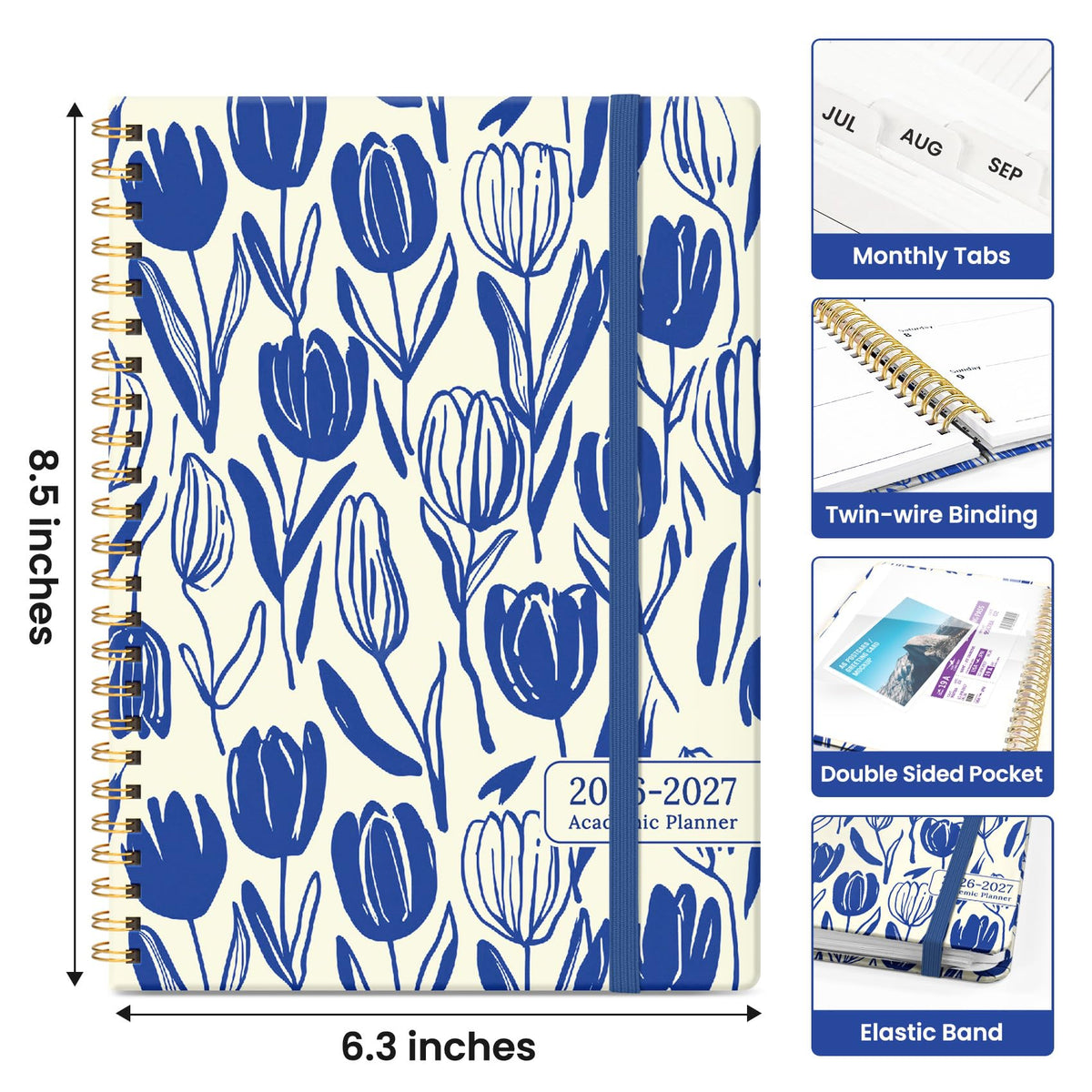 Planner 2026-2027, Academic Year Weekly and Monthly Calender Planner, from Jul 2026 - Jun 2027, Spiral Bound School Planning Book, Perfect for Teacher, Student, Women & Men, A5 (6.3" x 8.5"), Indigo Tulips