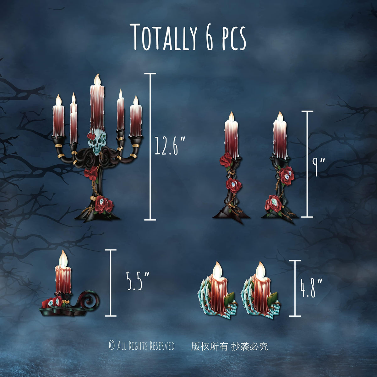 Cheerland Bundle Halloween Centerpieces 3D Rose Skull Candle Cutouts & Garland Red Rose Butterfly Eyeballs 4pcs & Cupcake Toppers Plastic Rose Skull Muffin Decors