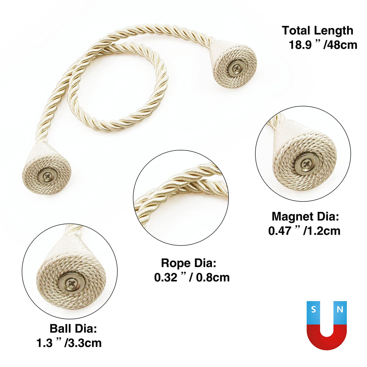 Nieffeiy 4 Pack Magnetic Curtain Tiebacks Rope Modern Handmade Curtain Tie Backs Decorative Drapes Weave Holdbacks for Window Décor, Beige
