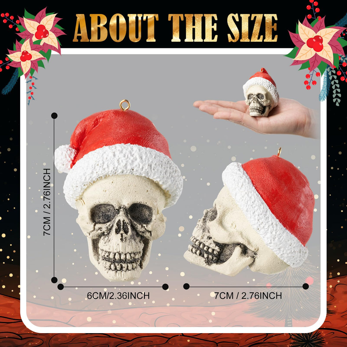 4 Pcs Skull Christmas Tree Ornament 2.6'' Christmas Gothic Decorations Resin Santa Ornament Xmas Mini Skeleton Head Decor Gift for Xmas Tree Holiday Party Supplies