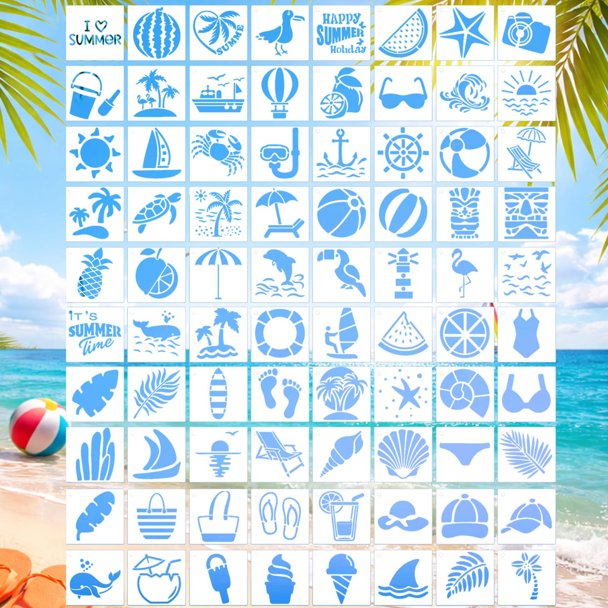 80 Pcs 3 Inch Summer Stencils for Painting, Reusable Beach Ocean Stencils for Wood, Wall, Canvas & Cards, Tropical DIY Crafts Decor