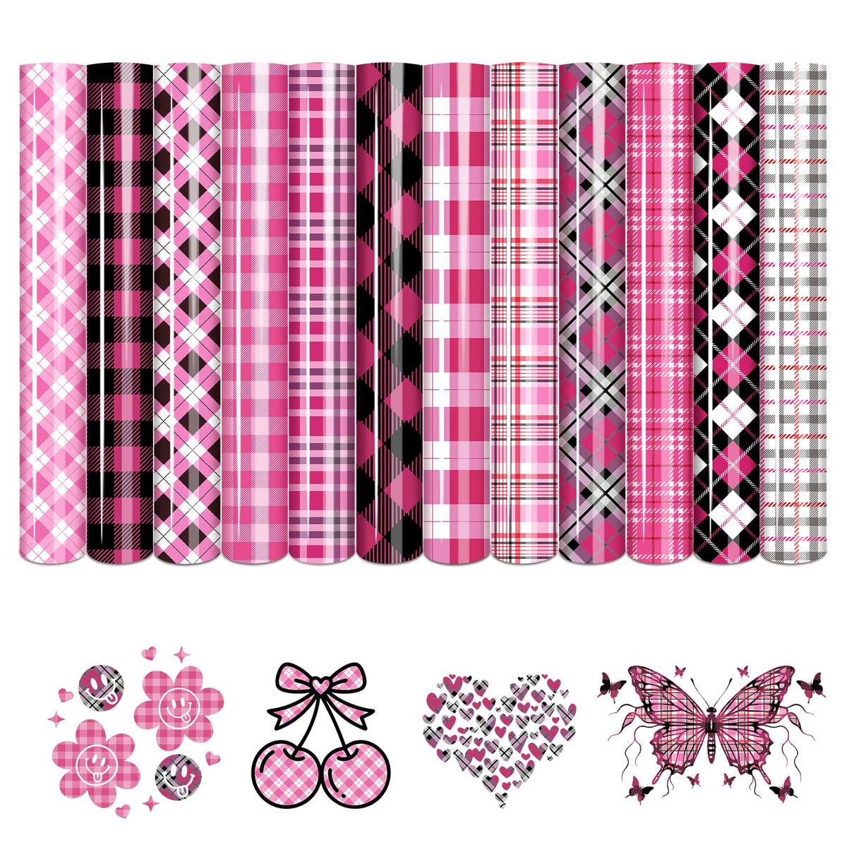 Tintnut Plaid Heat Transfer Vinyl, 12 Sheets 12''x10'' Black Pink Plaid Patterned Iron on Vinyl for DIY Apparel, Bags and Craft Projects