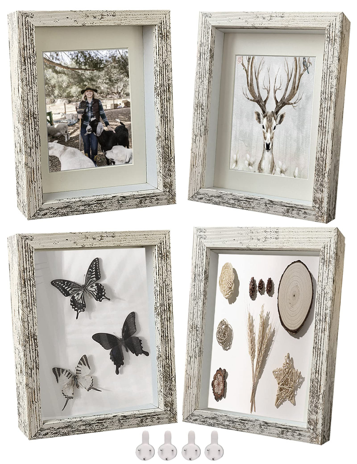Houstimi Wooden Farmhouse 5x7 Shadow Box Frame Small Shadow Box Display Case Glass Surface Internal Depth 0.6 inch for Wall or Tabletop（White,4 Pack）
