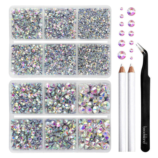 BEADSLAND Hotfix Rhinestones, 6080PCS AB Rhinestones for Clothes Crafts Mixed 6 Sizes with Wax Pencil and Tweezers Kit, SS6-SS30, Crystal AB