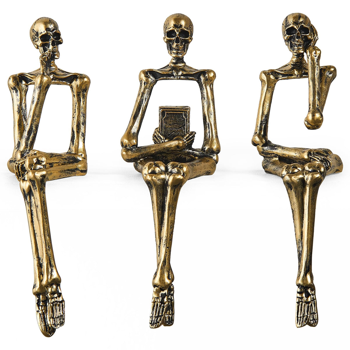 XINXUAN Halloween Decorations Skull Statue Home Decor - Modern Bookshelf & Desk Decor - 3 Piece Set (Retro - Gold)