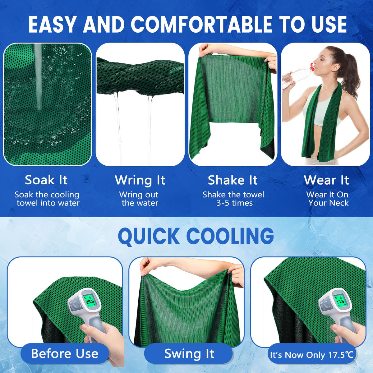 Hosuly 30 Pack Cooling Towels 40"x12" Cooling Neck Wraps Soft Breathable Chilly Towel Ice Towels Microfiber Workout Towel for Yoga Sport Running Workout Gym Camping Fitness Activities(Green)