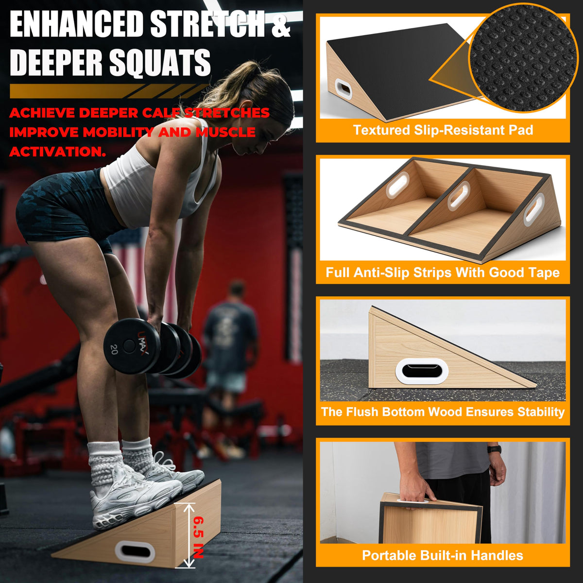 MIUONO Slant Board, 19.7" Wide Calf Stretcher Slant Board for Calf Stretching, Squats, Knees Over Toes, Weightlifting, and Fitness, 6.5” Height for Deeper Squats & More Muscle Activation