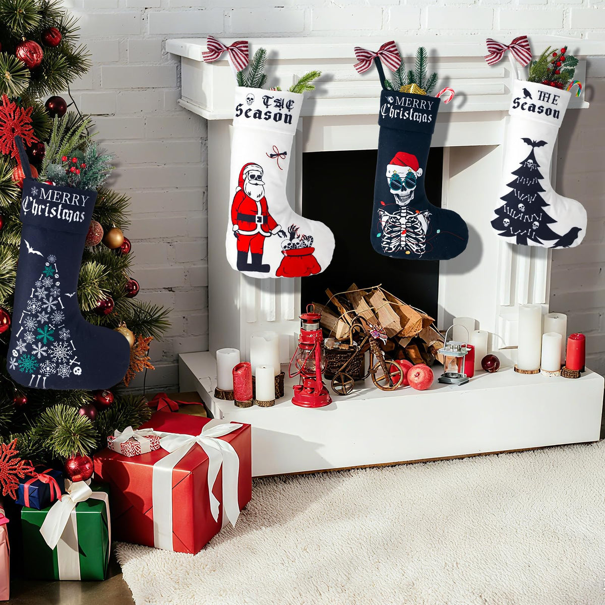 Kinlop 6 Pcs Black and White Gothic Christmas Stocking 17 Inches Goth Xmas Stockings Skeleton Hand Santa Claus Hanging Ornament for Christmas Tree Candy Gift Storage Bags Holiday Fireplace Party Decor