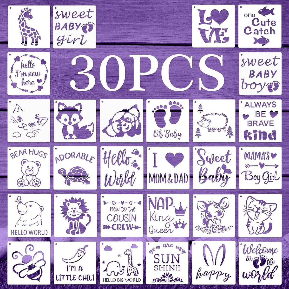 30 Pieces Baby Shower Stencils, 5 Inch Cute Onesie Stencil Reusable Mixed Phrase for Painting, Small Animals Template for Bodysuit Shirts Shoes Bibs Clothes